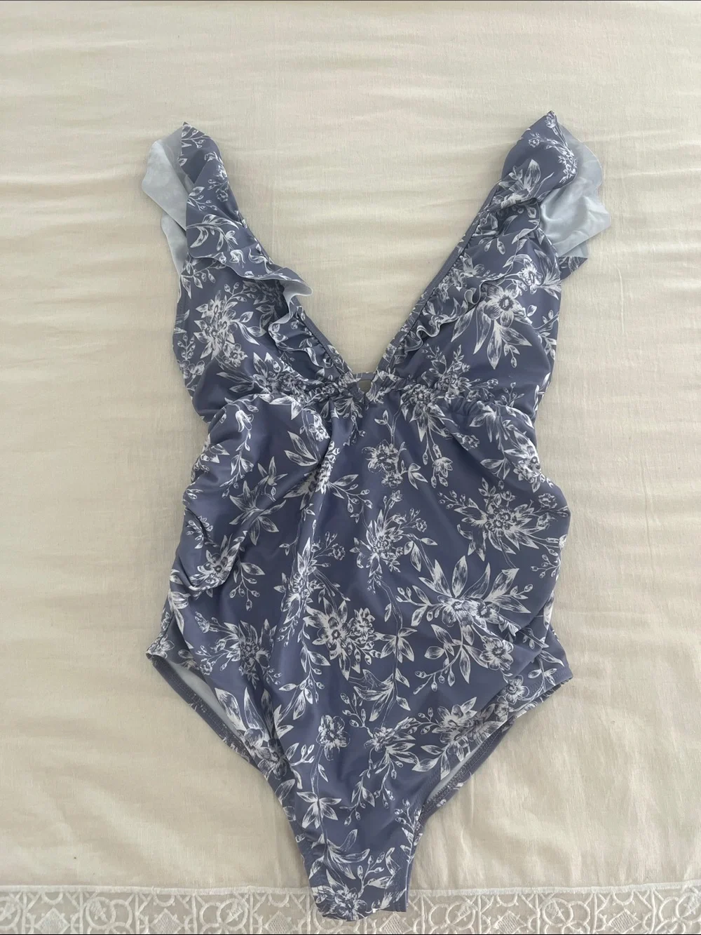 Pink Blush Maternity Floral Ruffle One-Piece Swimsuit in Slate Blue